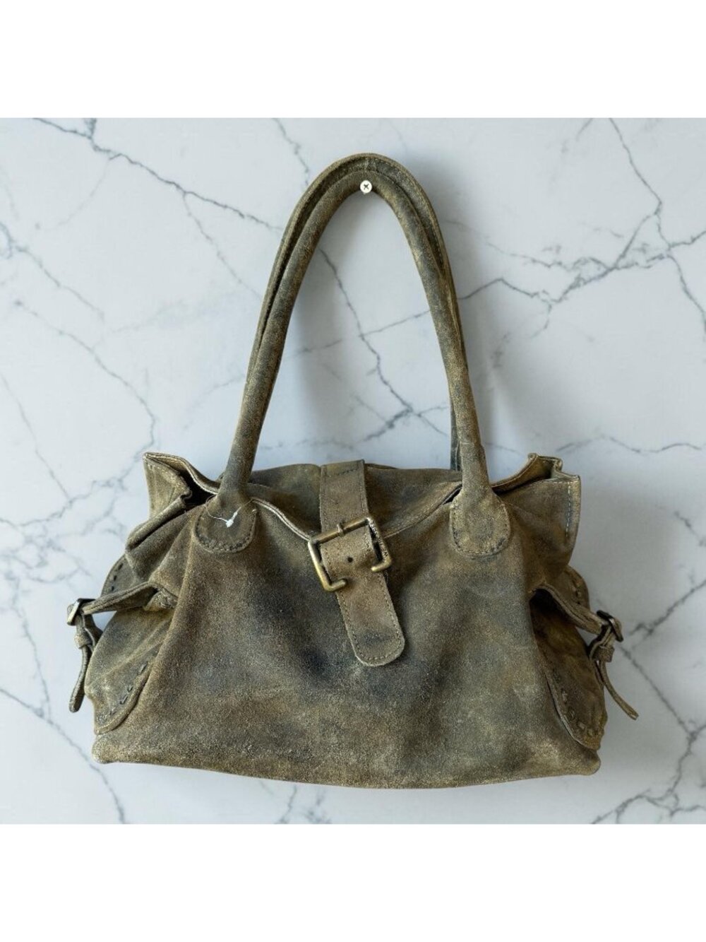 Free People We The Free Distressed Leather Shoulder  Sandblast  Khaki Boho
